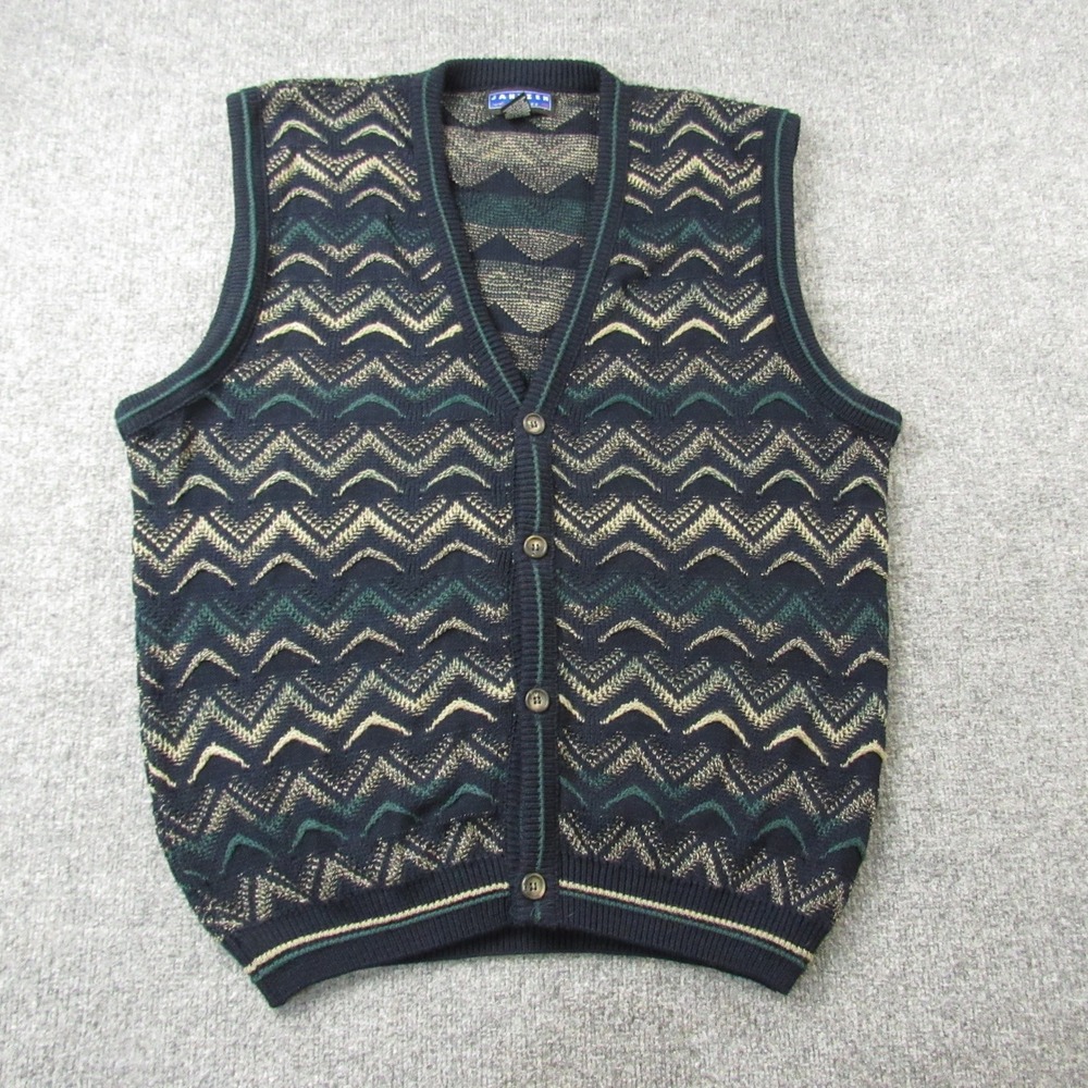 VTG Jantzen Sweater Vest‎ XL Blue Button Up 3D Knit Grandpa Dad Academia Preppy
